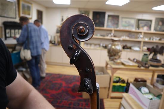 A 19th century cello with two-piece back and bow